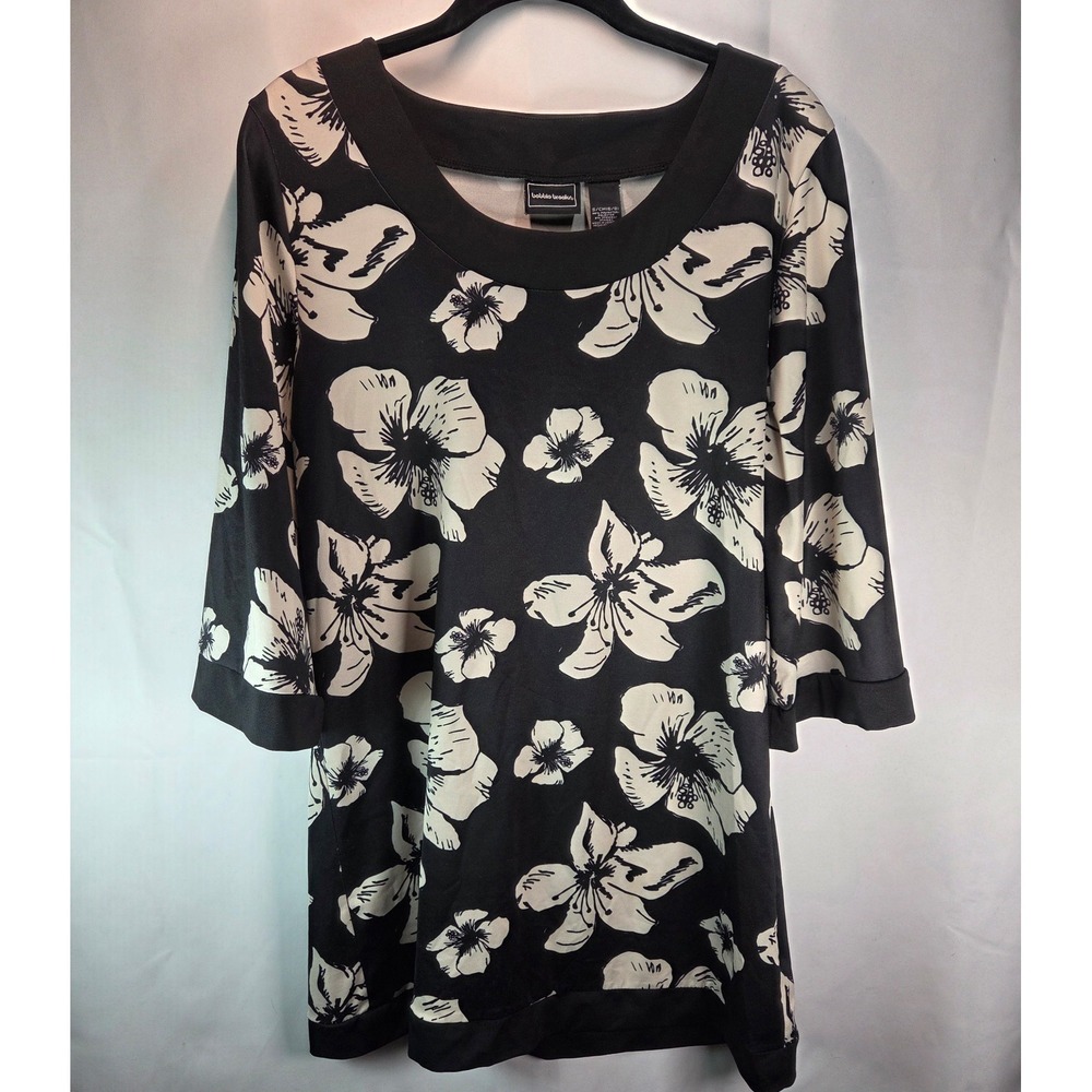 Vintage Bobbie Brooks Black White Flower Hawaiian Tunic Dress Sz Small Tropical